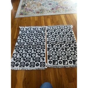 Deborah Connolly Kitchen Hand Towels Set Of 2 Peace Yin yang Flowers Fringe B&w‎